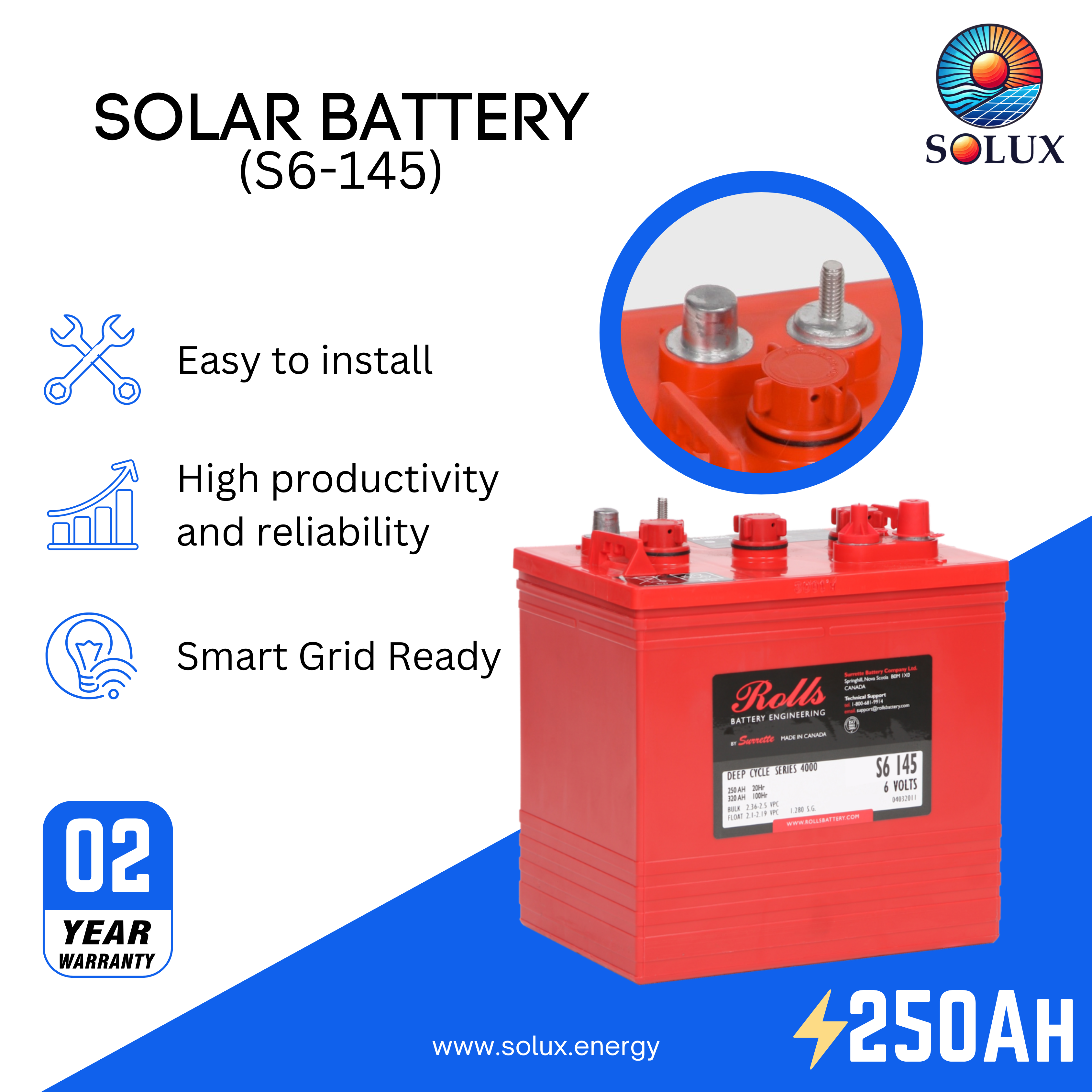 The rolls surrette s6-145 battery is a reliable and high-performance deep cycle battery, ideal for a variety of applications, including renewable energy systems, RVs, and boats.